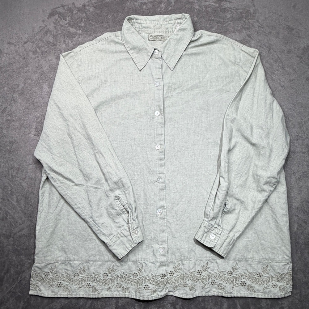 Vtg Cherokee Shirt Womens XL Sage Green Linen Cotton Blend Embroidered Button Up